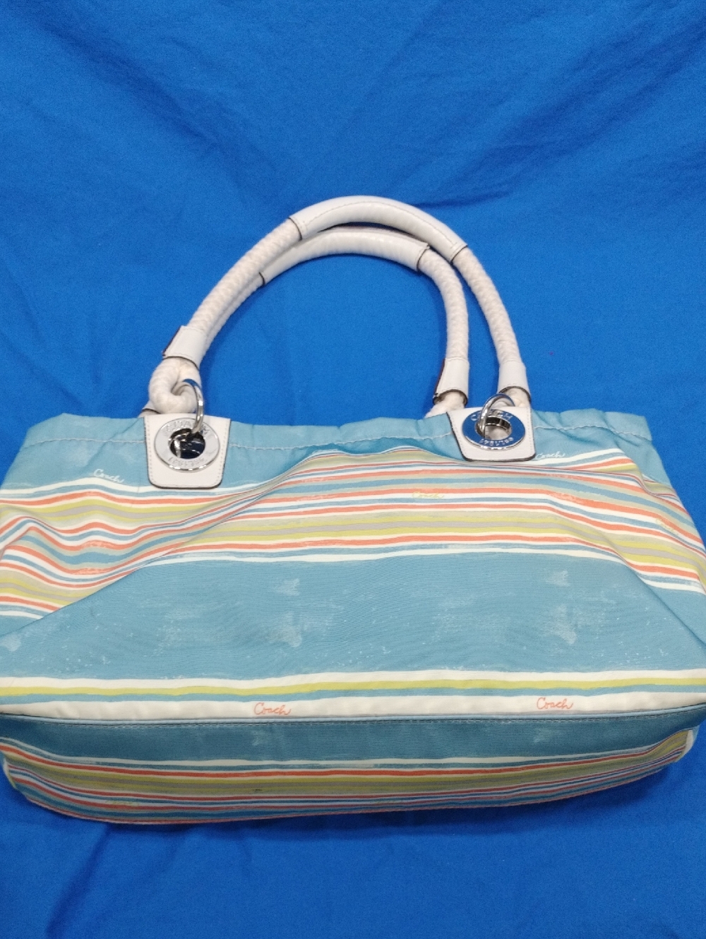 Vintage COACH Nautical East West Beach Tote Bag F16624 Summer Purse Stripe - Picture 7 of 11